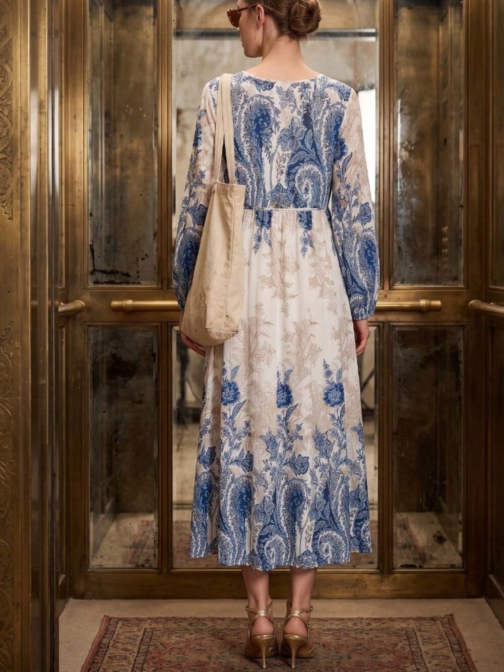 Blue Boho Women's Floral Lantern Sleeve Tie V-Neck A-Line Maxi Dress - Picture 5 of 5